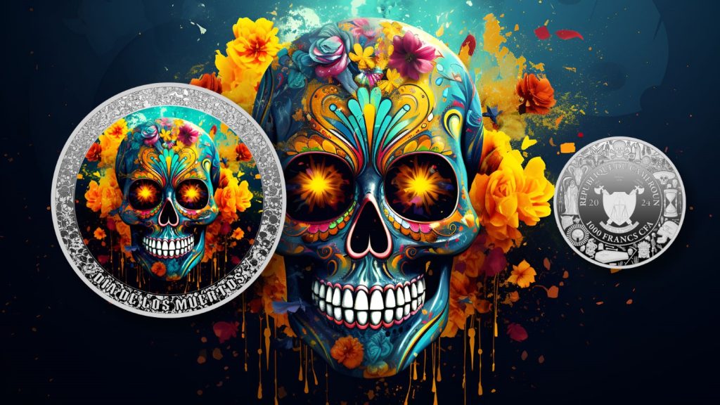 Skull with Flowers - Dia De Los Muertos series - Cameroon 1oz silver coin