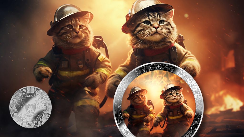 Firefighter Cat - AI•NIMALS series - Cameroon 1oz silver coin