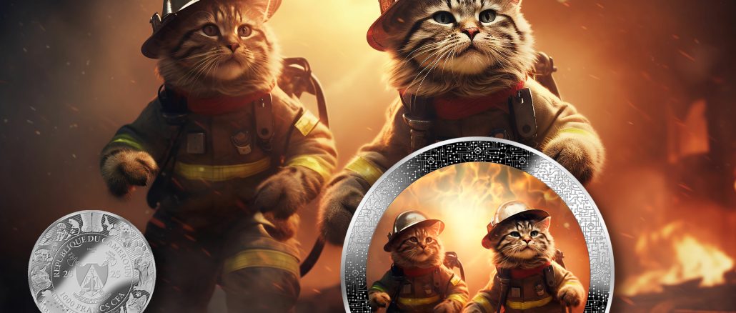 Firefighter Cat - AI•NIMALS series - Cameroon 1oz silver coin