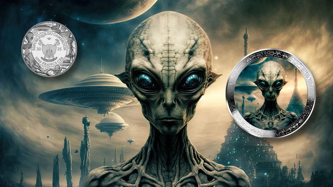 Alien Face and Homeworld - Alien We are not alone, they are out there series - Cameroon 1oz silver coin