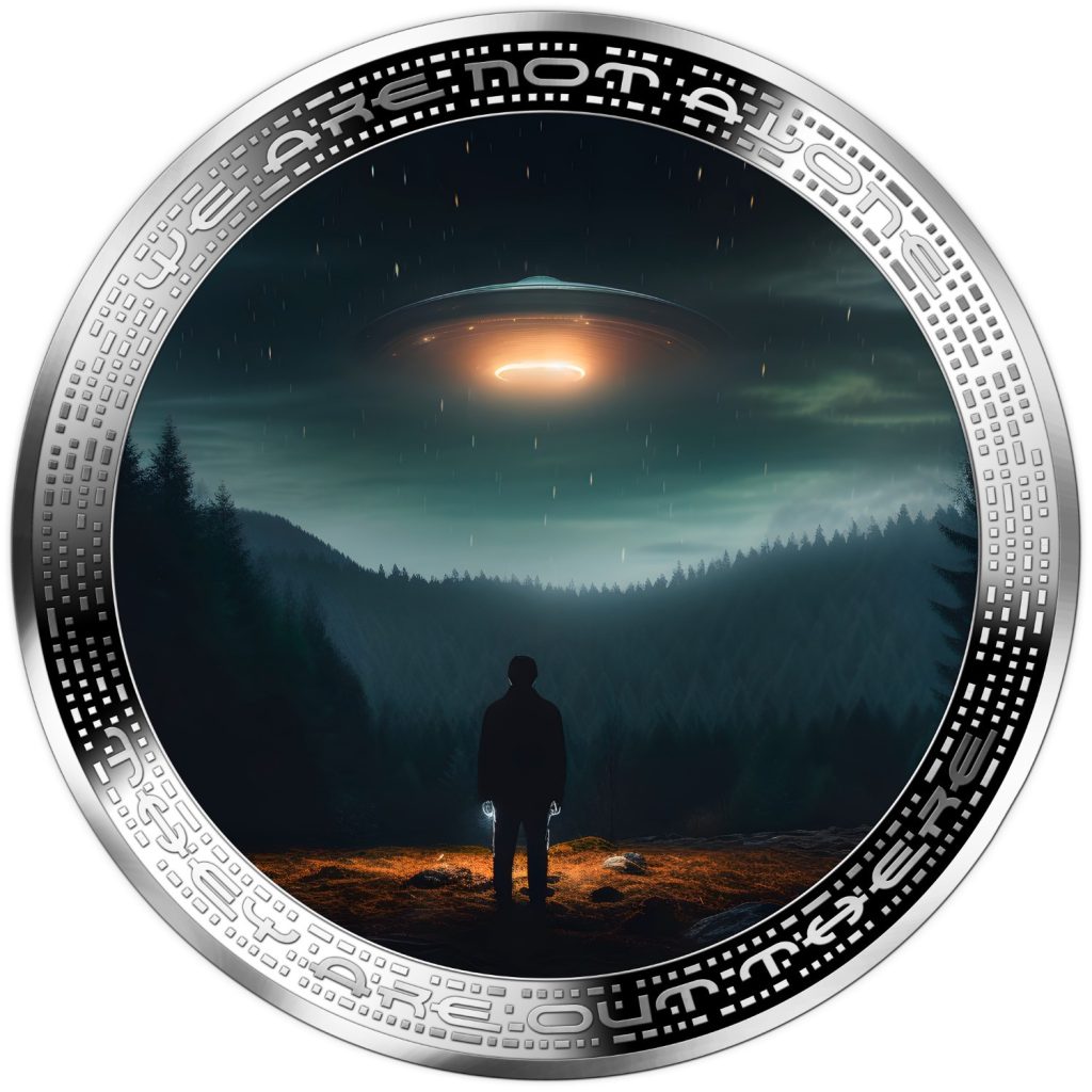 UFO and human in wilderness - Alien We are not alone, they are out there series - Cameroon 1oz silver coin