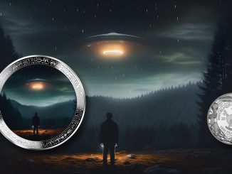 UFO and human in wilderness - Alien We are not alone, they are out there series - Cameroon 1oz silver coin