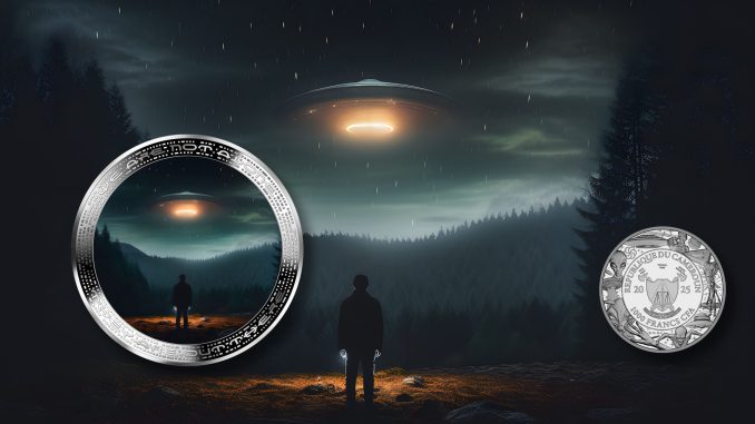 UFO and human in wilderness - Alien We are not alone, they are out there series - Cameroon 1oz silver coin