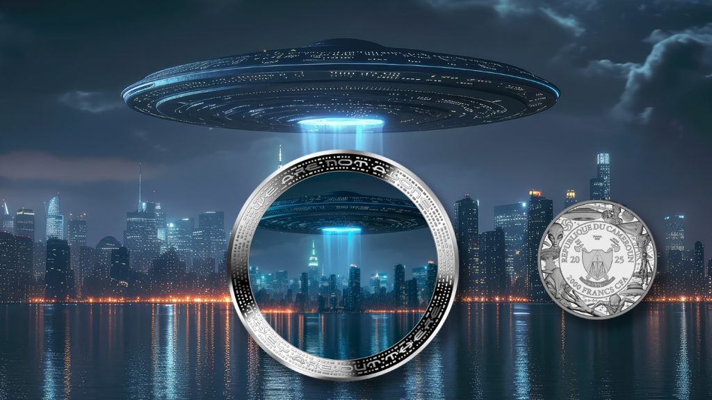 2oz UFO above city - Alien We are not alone, they are out there series - Cameroon 2oz silver coin