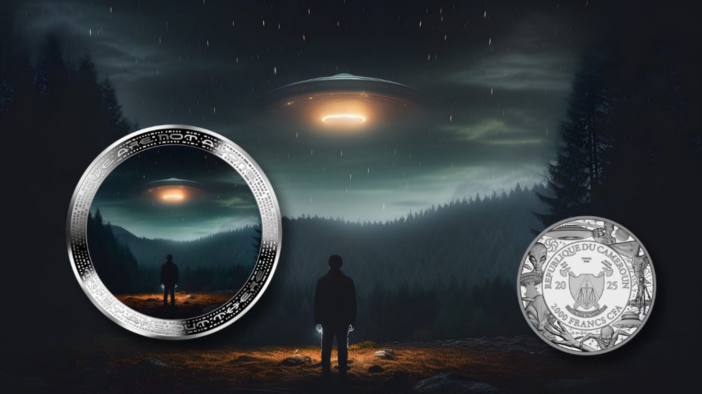 2oz UFO and human in wilderness - Alien We are not alone, they are out there series - Cameroon 2oz silver coin