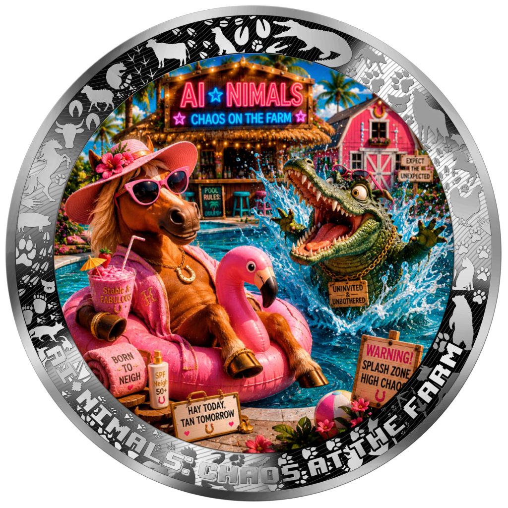 Floaties, Fangs and Frenzy - AI•NIMALS Chaos at the Farm series 2026 Cameroon 1oz silver coin