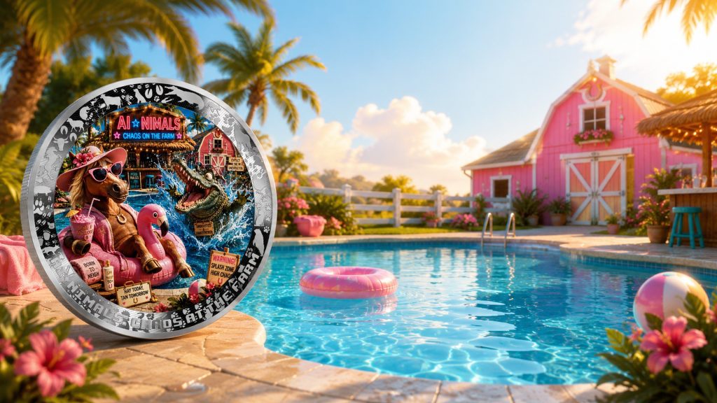 Floaties, Fangs and Frenzy - AI•NIMALS Chaos at the Farm series 2026 Cameroon 1oz silver coin