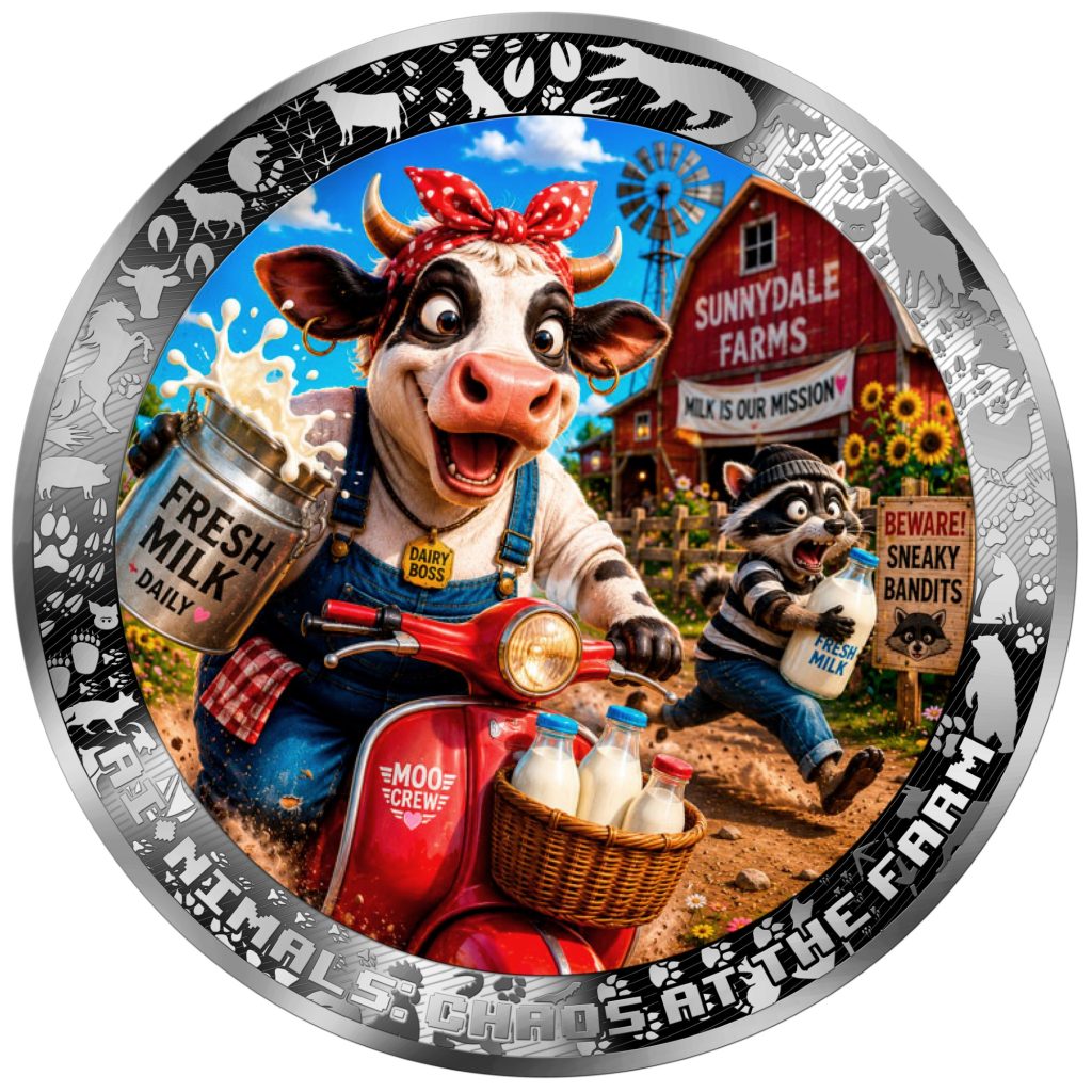 The Great Milk Heist - AI•NIMALS Chaos at the Farm series 2026 Cameroon 1oz silver coin
