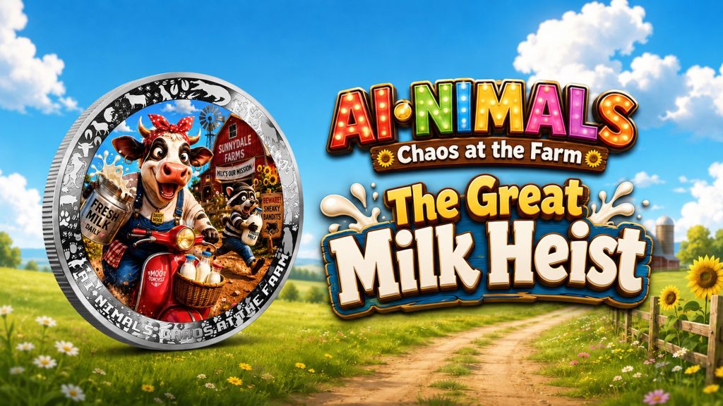 The Great Milk Heist - AI•NIMALS Chaos at the Farm series 2026 Cameroon 1oz silver coin