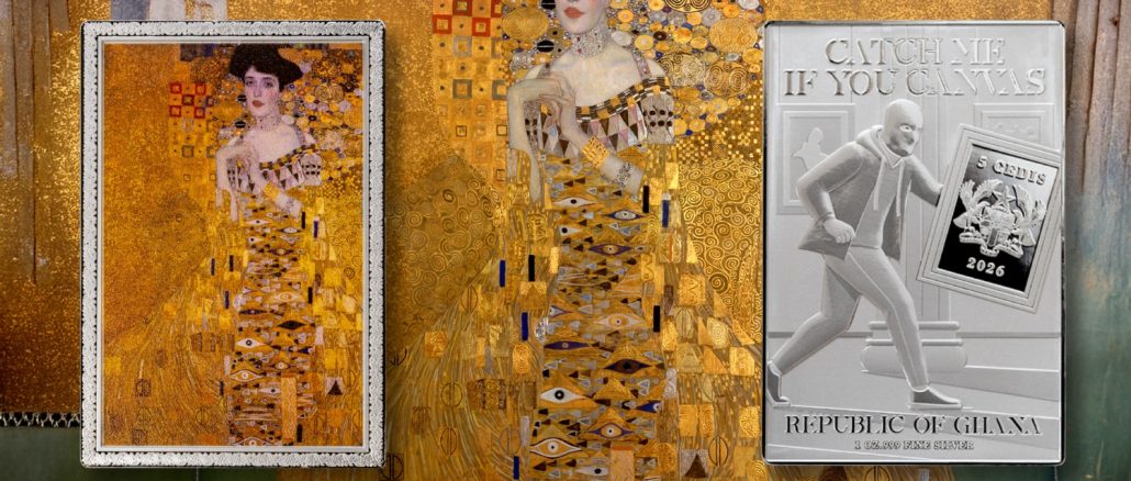 Portrait of Adele Bloch-Bauer I by Gustav Klimt - Catch Me If You Canvas (Stolen Art) series coin collection - Ghana 1oz pure silver coin