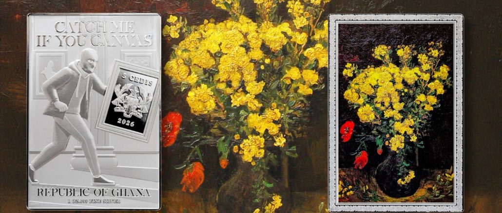 Poppy Flowers by Van Gogh - Catch Me If You Canvas (Stolen Art) series coin collection - Ghana 1oz pure silver coin
