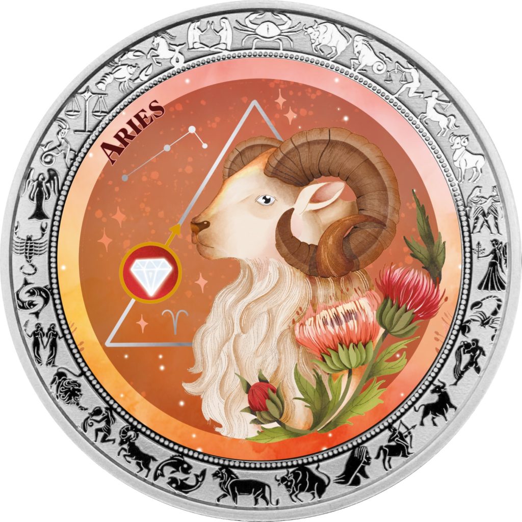 Aries - Aquarelle Zodiac Series series coin collection - Ghana 1oz pure silver coin