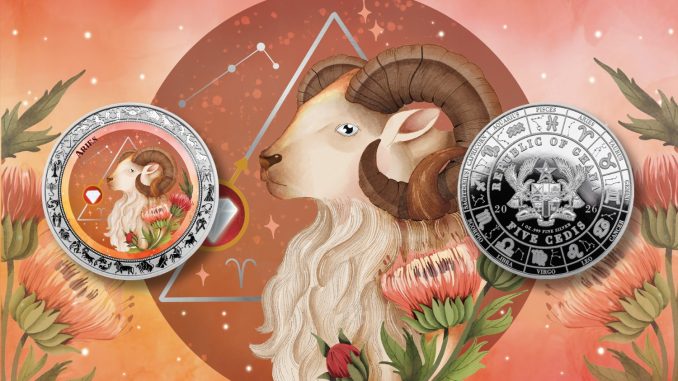 Aries - Aquarelle Zodiac Series series coin collection - Ghana 1oz pure silver coin
