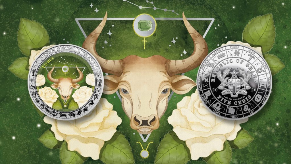 Taurus - Aquarelle Zodiac Series series coin collection - Ghana 1oz pure silver coin
