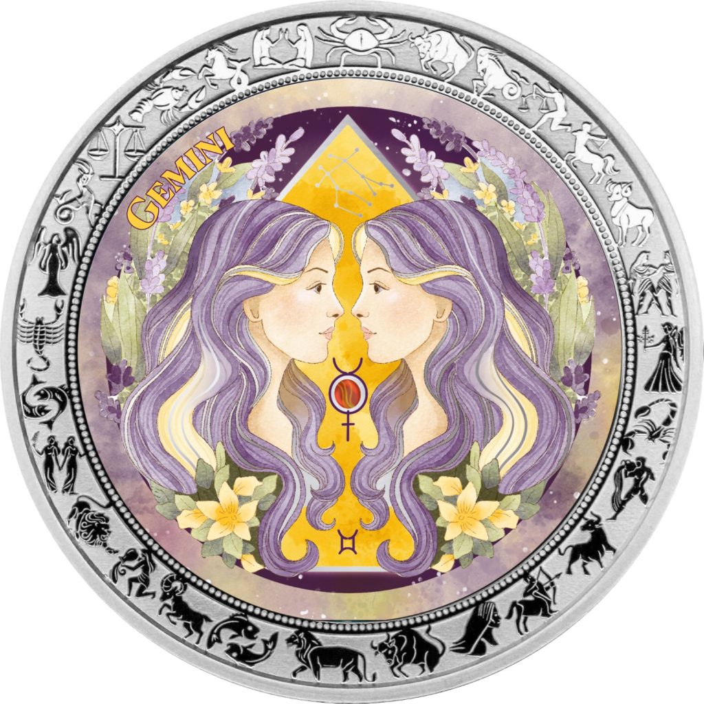 Gemini - Aquarelle Zodiac Series series coin collection - Ghana 1oz pure silver coin