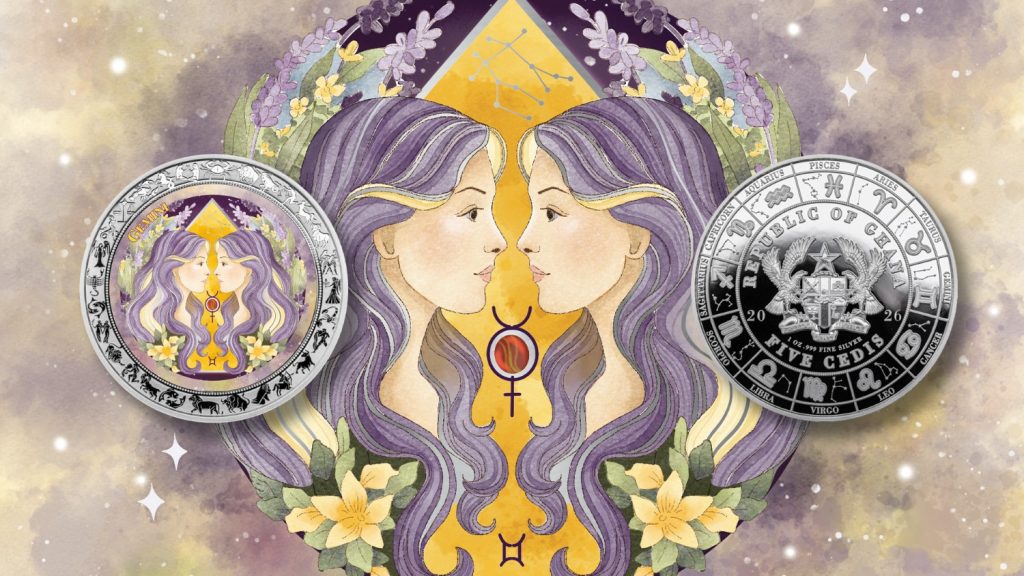 Gemini - Aquarelle Zodiac Series series coin collection - Ghana 1oz pure silver coin
