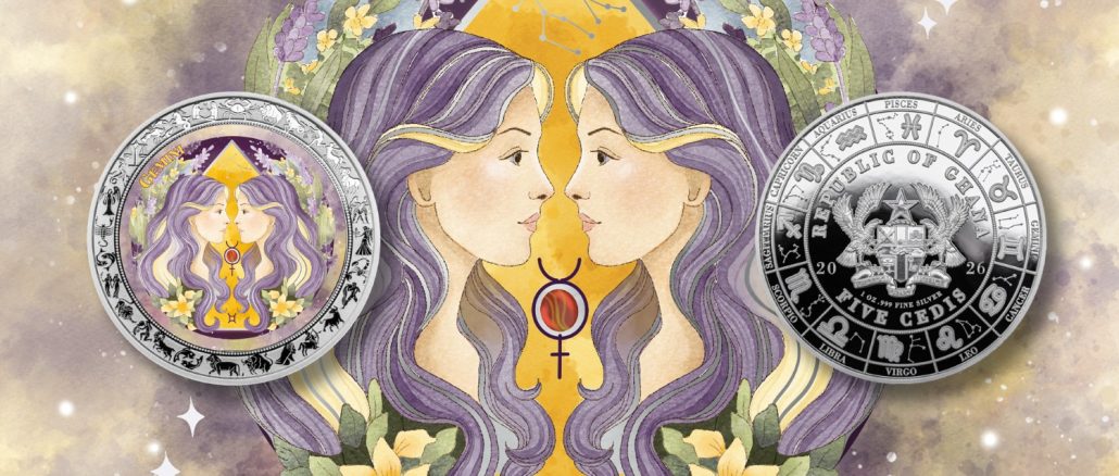 Gemini - Aquarelle Zodiac Series series coin collection - Ghana 1oz pure silver coin