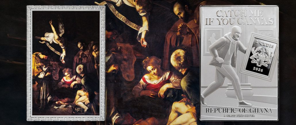 Nativity with San Lorenzo and San Francesco by Caravaggio - Catch Me If You Canvas (Stolen Art) series coin collection - Ghana 1oz pure silver coin
