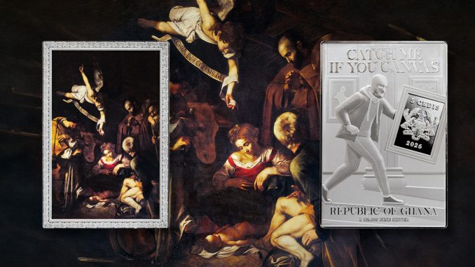Nativity with San Lorenzo and San Francesco by Caravaggio - Catch Me If You Canvas (Stolen Art) series coin collection - Ghana 1oz pure silver coin