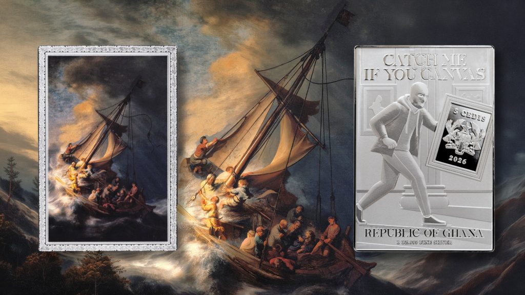 Storm on the Sea of Galilee by Rembrandt - Catch Me If You Canvas (Stolen Art) series coin collection - Ghana 1oz pure silver coin