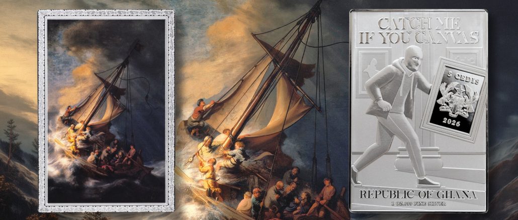 Storm on the Sea of Galilee by Rembrandt - Catch Me If You Canvas (Stolen Art) series coin collection - Ghana 1oz pure silver coin