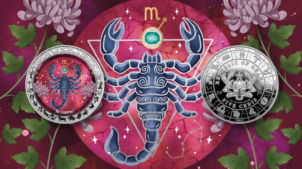 Scorpio - Aquarelle Zodiac Series series coin collection - Ghana 1oz pure silver coin