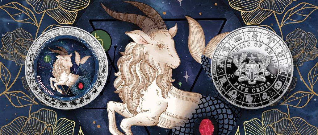 Capricorn - Aquarelle Zodiac Series series coin collection - Ghana 1oz pure silver coin