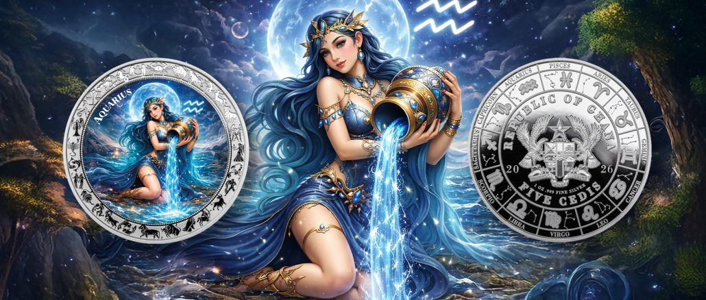 Aquarius - Goddesses Zodiac Series series coin collection - Ghana 1oz pure silver coin
