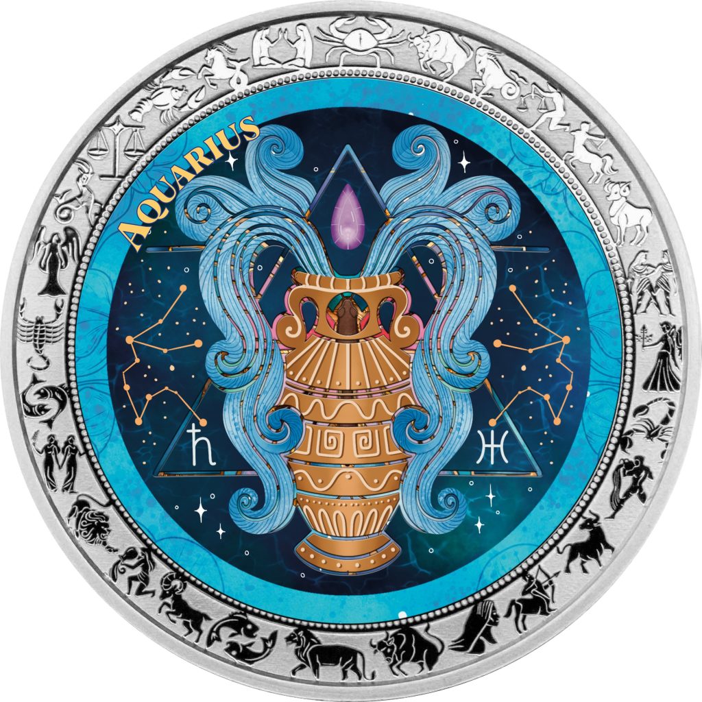 Aquarius - Aquarelle Zodiac Series series coin collection - Ghana 1oz pure silver coin