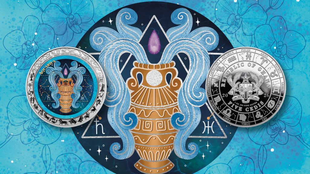 Aquarius - Aquarelle Zodiac Series series coin collection - Ghana 1oz pure silver coin