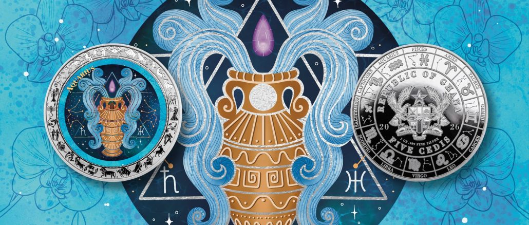 Aquarius - Aquarelle Zodiac Series series coin collection - Ghana 1oz pure silver coin