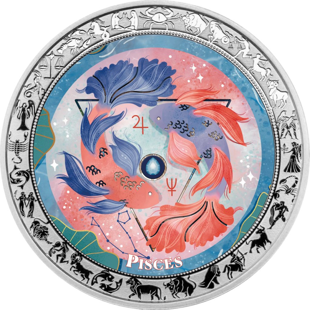 Pisces - Aquarelle Zodiac Series series coin collection - Ghana 1oz pure silver coin
