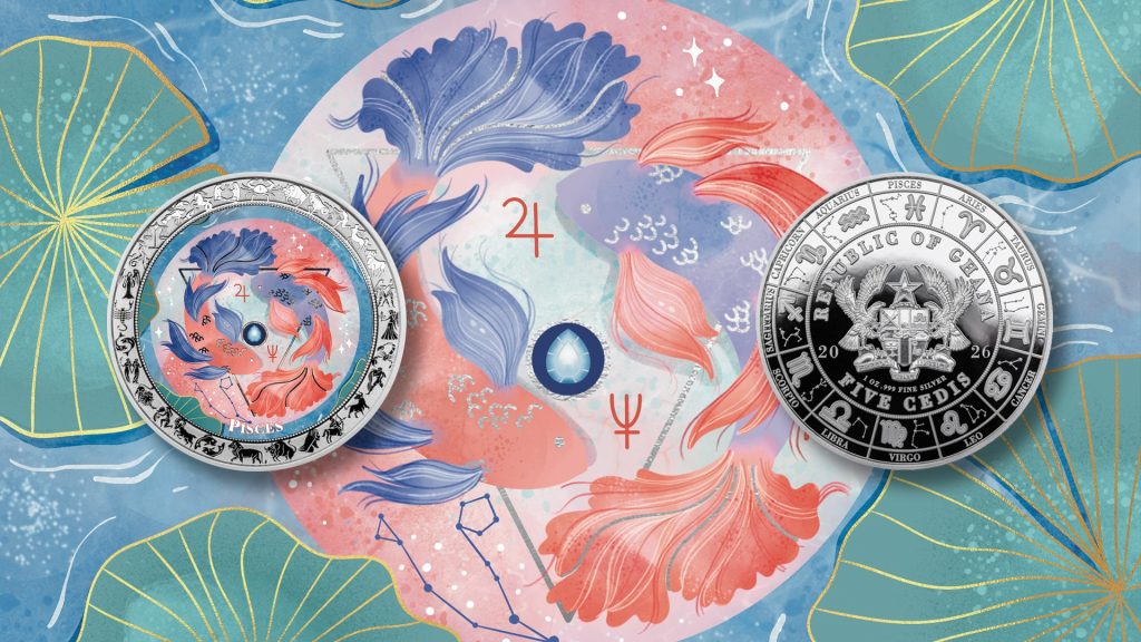 Pisces - Aquarelle Zodiac Series series coin collection - Ghana 1oz pure silver coin