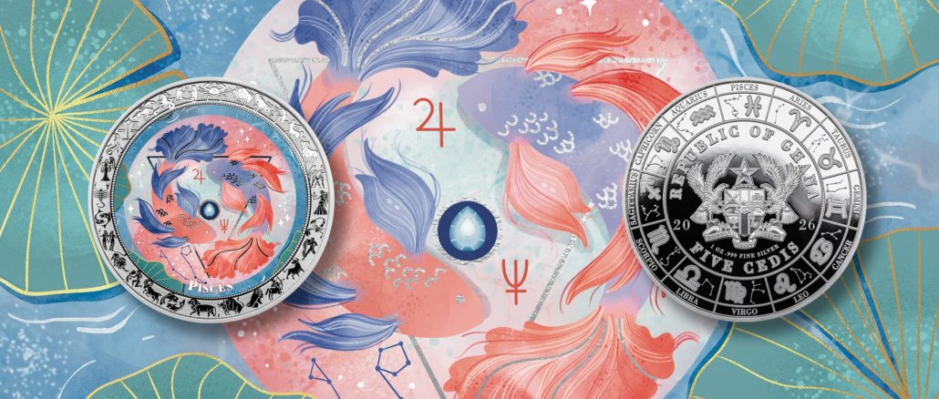 Pisces - Aquarelle Zodiac Series series coin collection - Ghana 1oz pure silver coin