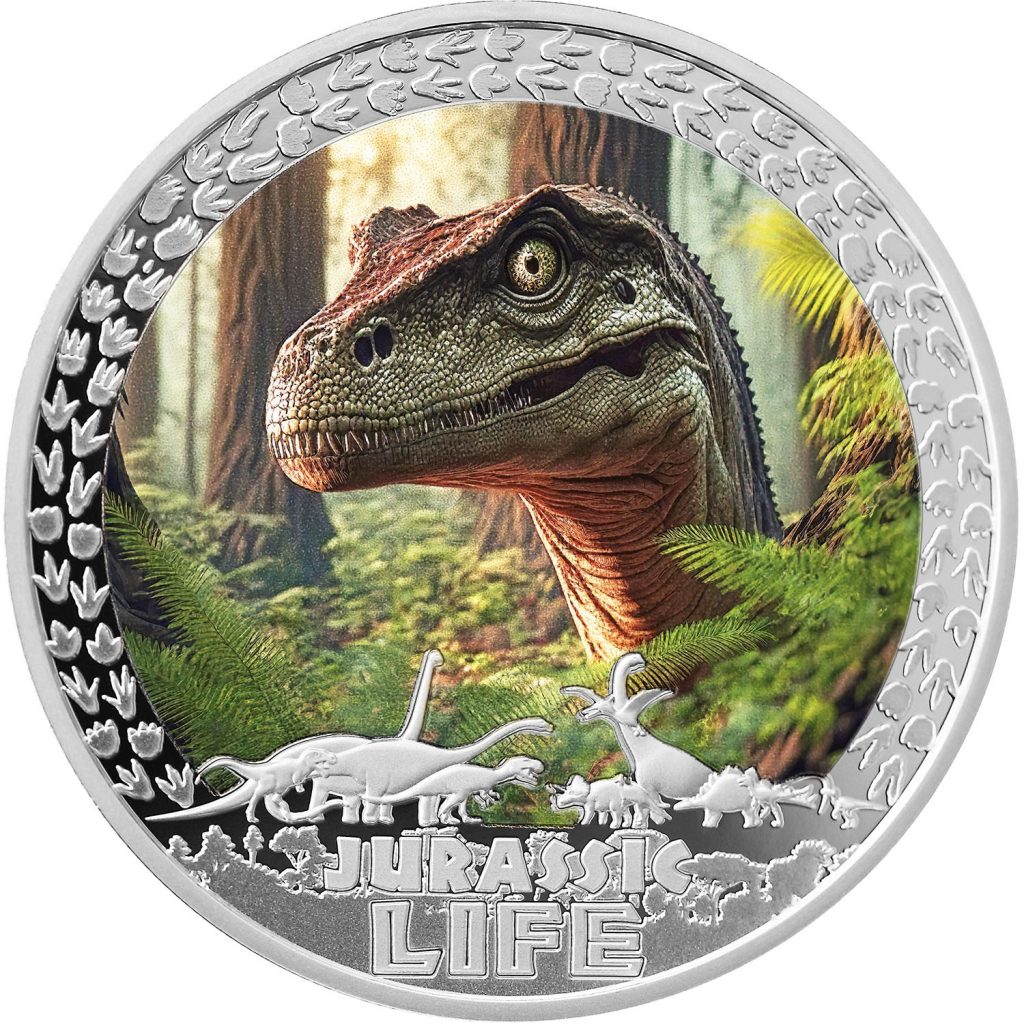 Velociraptor - Jurassic Life Dinosaurs - Liberia 1oz pure silver coin