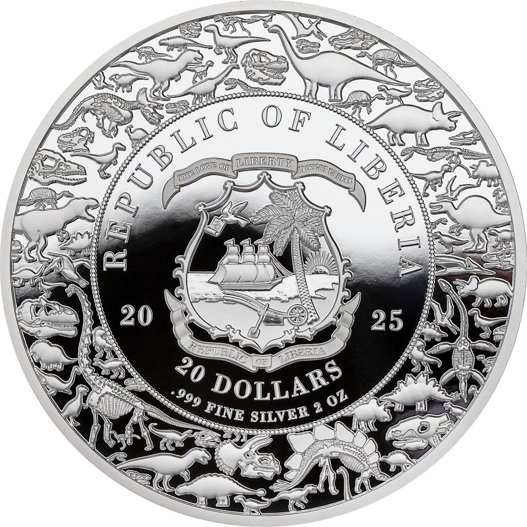 Triceratops - Jurassic Life Dinosaurs - Liberia 2oz pure silver coin
