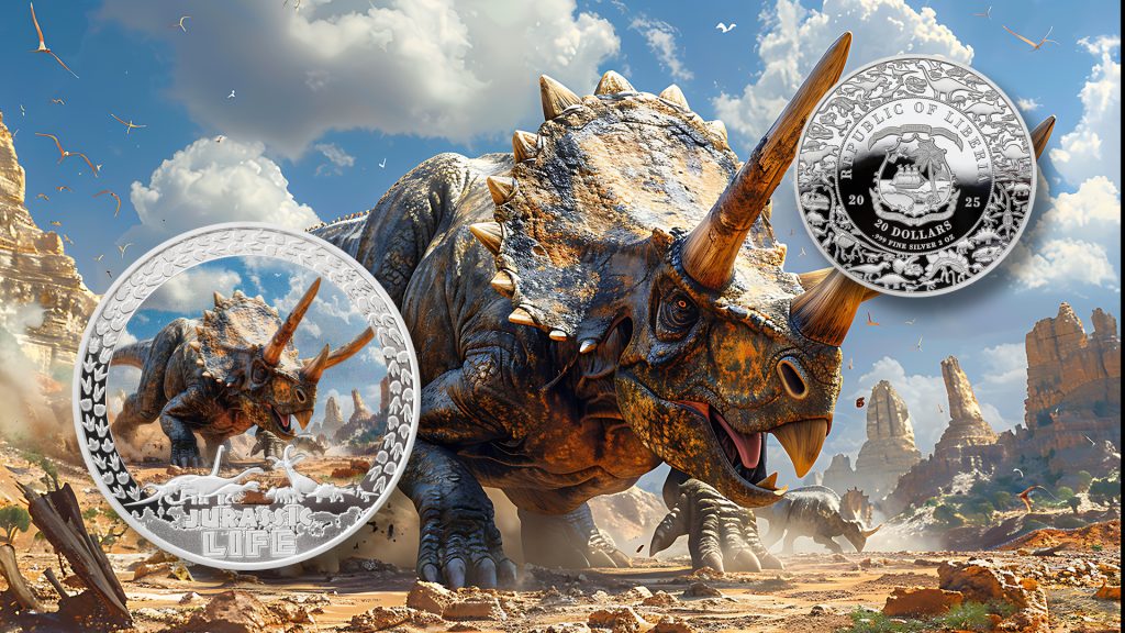 Triceratops - Jurassic Life Dinosaurs - Liberia 2oz pure silver coin