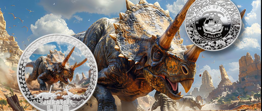 Triceratops - Jurassic Life Dinosaurs - Liberia 2oz pure silver coin