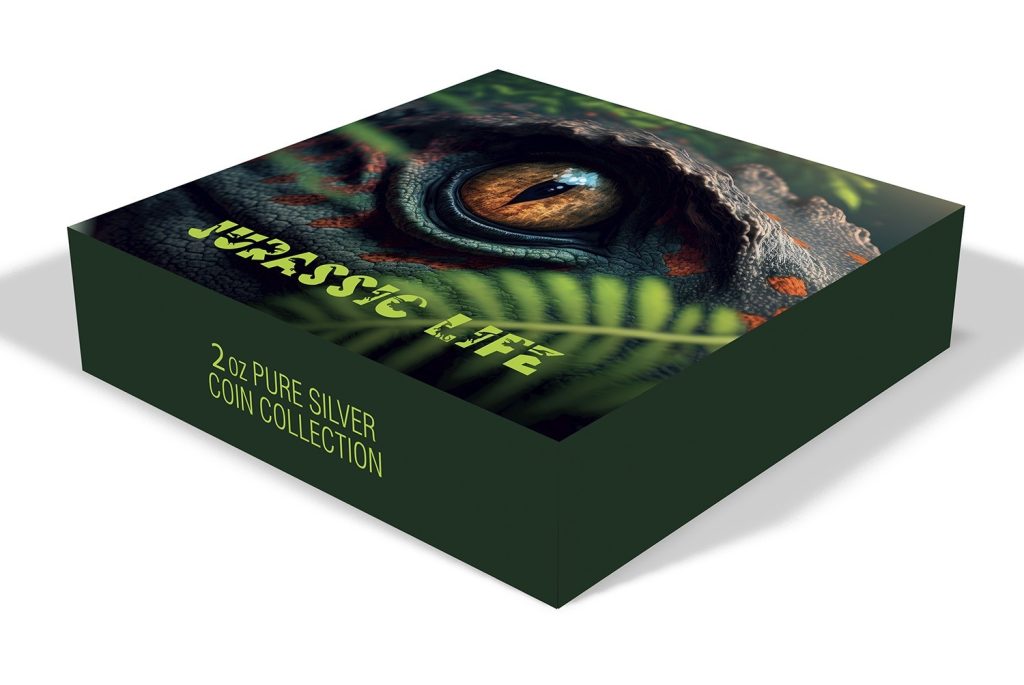 Velociraptor UHR Antiqued - Jurassic Life Dinosaurs - Liberia 2oz pure silver coin