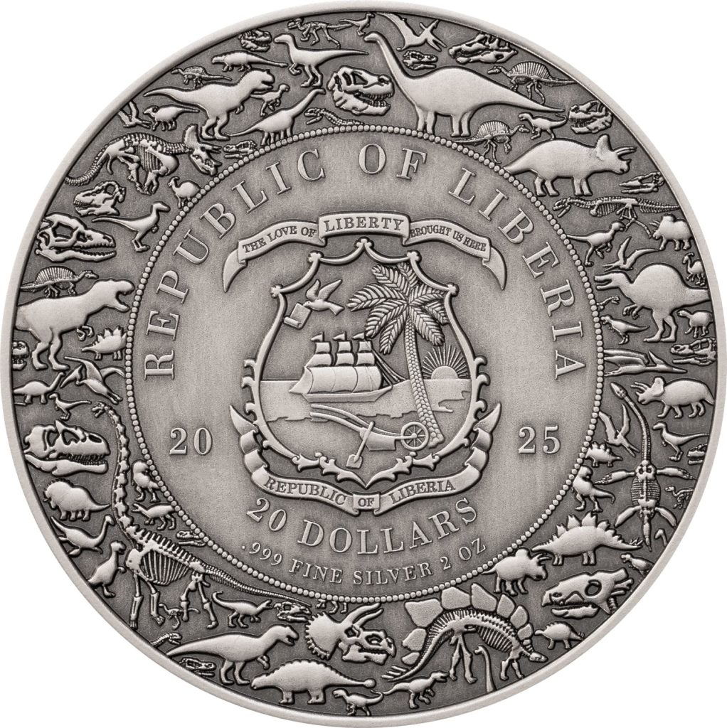 Velociraptor UHR Antiqued - Jurassic Life Dinosaurs - Liberia 2oz pure silver coin