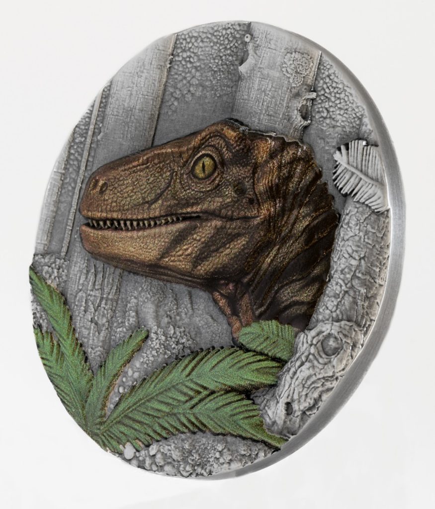 Velociraptor UHR Antiqued - Jurassic Life Dinosaurs - Liberia 2oz pure silver coin