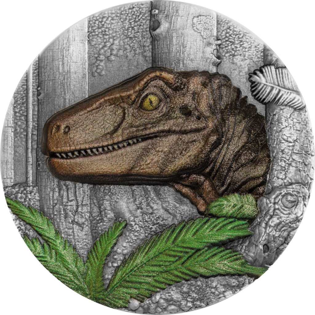 Velociraptor UHR Antiqued - Jurassic Life Dinosaurs - Liberia 2oz pure silver coin