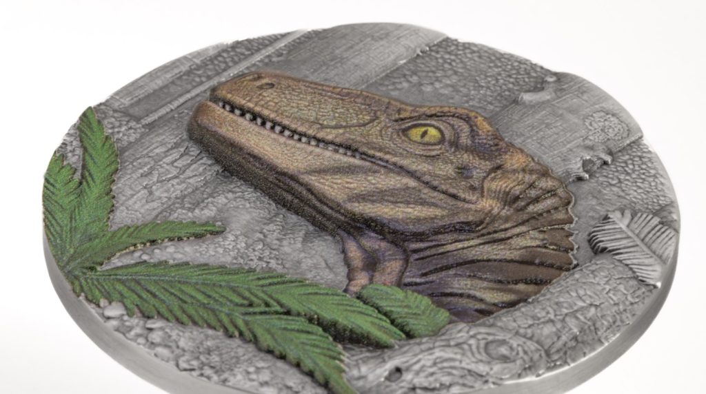 Velociraptor UHR Antiqued - Jurassic Life Dinosaurs - Liberia 2oz pure silver coin