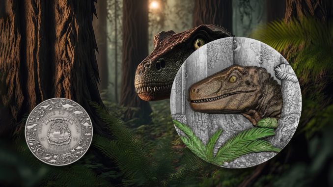 Velociraptor UHR Antiqued - Jurassic Life Dinosaurs - Liberia 2oz pure silver coin
