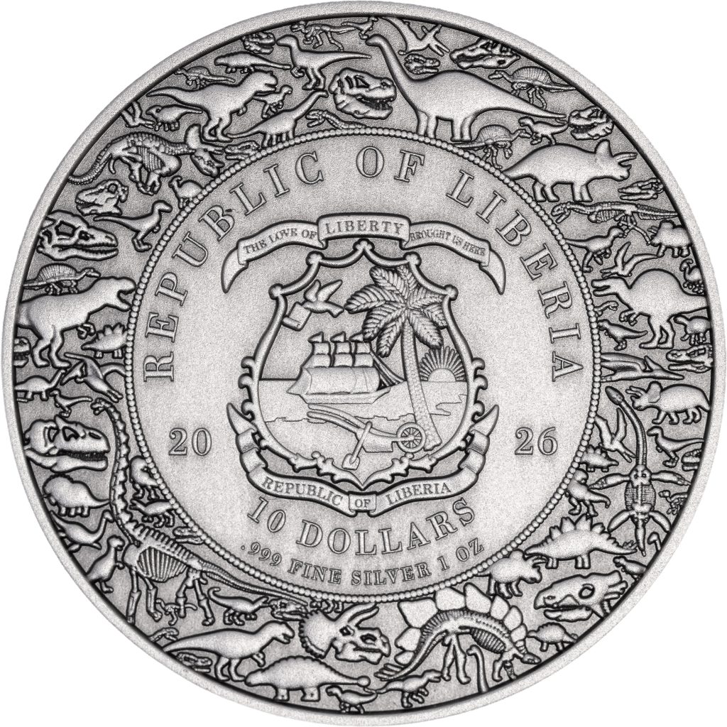 Velociraptor UHR Antiqued 2026 - Jurassic Life Dinosaurs - Liberia 1oz pure silver coin