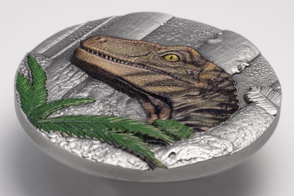 Velociraptor UHR Antiqued 2026 - Jurassic Life Dinosaurs - Liberia 1oz pure silver coin