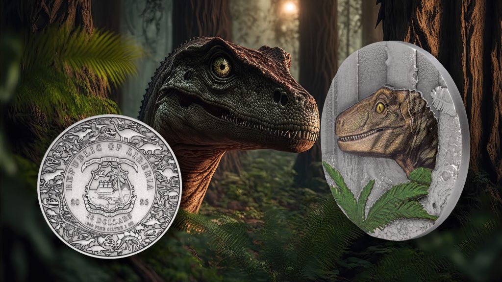 Velociraptor UHR Antiqued 2026 - Jurassic Life Dinosaurs - Liberia 1oz pure silver coin